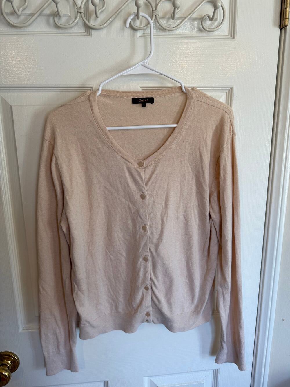 Quince Lightweight Cotton Cashmere Cardigan Size L in heather oatmeal